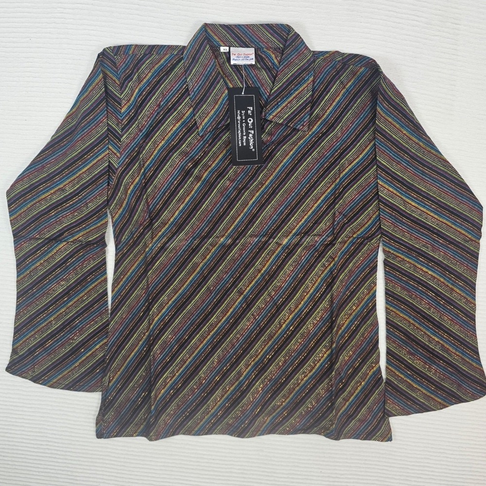Far Out Fashion Large MultiColor Diagonal Metallic Stripe Long Sleeve Collar Top